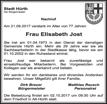 Anzeige von Elisabeth Jost von  Sonntags-Post 