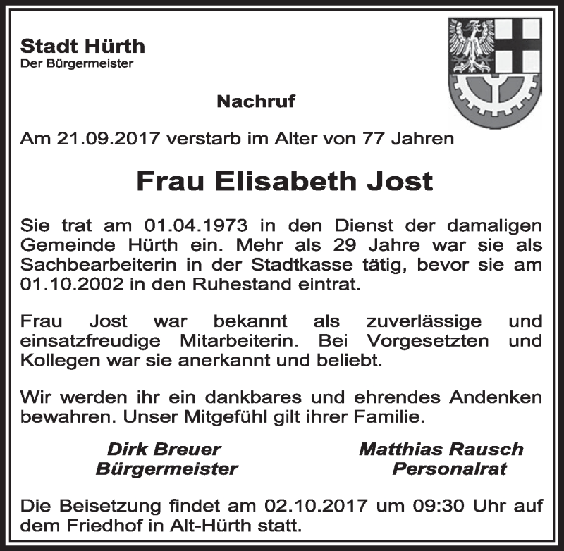  Traueranzeige für Elisabeth Jost vom 30.09.2017 aus  Sonntags-Post 