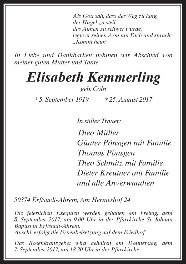  Traueranzeige für Elisabeth Kemmerling vom 06.09.2017 aus  Werbepost 