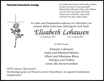 Anzeige von Elisabeth Lohausen von Kölner Stadt-Anzeiger / Kölnische Rundschau / Express