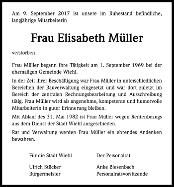 Anzeige von Elisabeth Müller von Kölner Stadt-Anzeiger / Kölnische Rundschau / Express