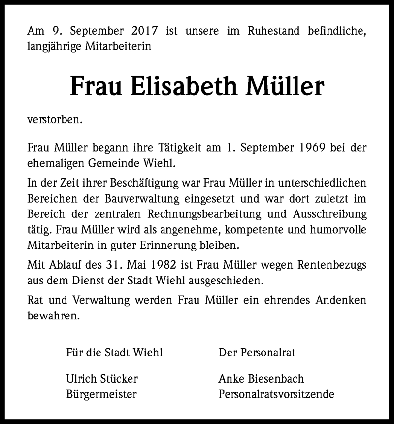  Traueranzeige für Elisabeth Müller vom 22.09.2017 aus Kölner Stadt-Anzeiger / Kölnische Rundschau / Express