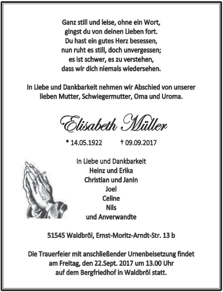  Traueranzeige für Elisabeth Müller vom 13.09.2017 aus  Lokalanzeiger 
