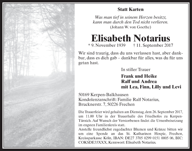  Traueranzeige für Elisabeth Notarius vom 20.09.2017 aus  Werbepost 