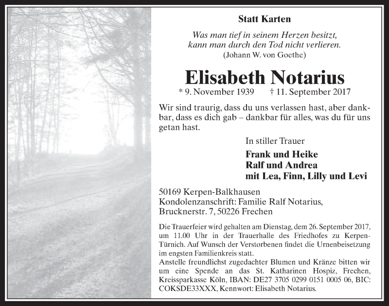  Traueranzeige für Elisabeth Notarius vom 23.09.2017 aus  Sonntags-Post 