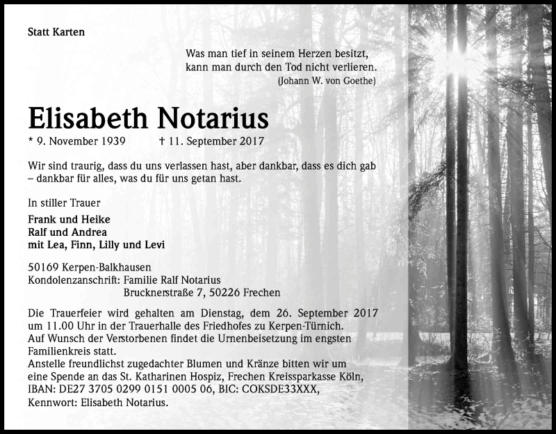  Traueranzeige für Elisabeth Notarius vom 23.09.2017 aus Kölner Stadt-Anzeiger / Kölnische Rundschau / Express