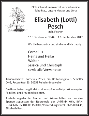 Anzeige von Elisabeth Pesch von  Sonntags-Post 