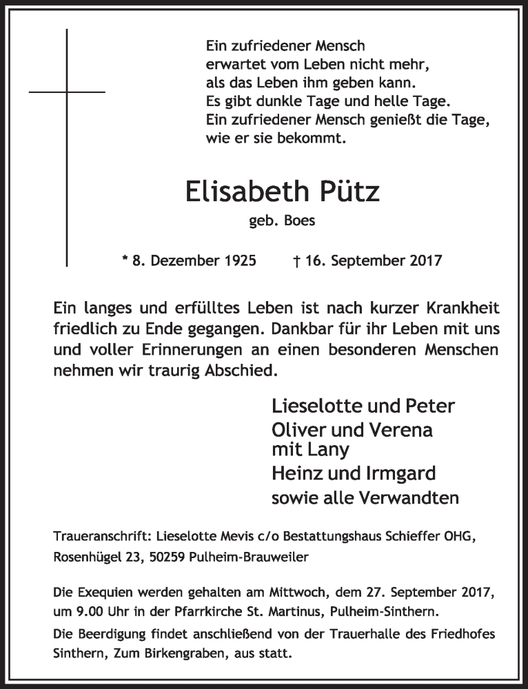  Traueranzeige für Elisabeth Pütz vom 23.09.2017 aus  Sonntags-Post 