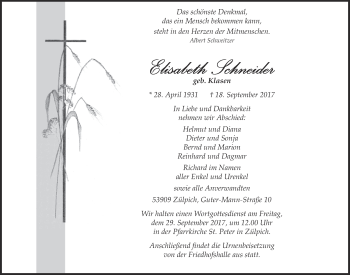 Anzeige von Elisabeth Schneider von  Blickpunkt Euskirchen 