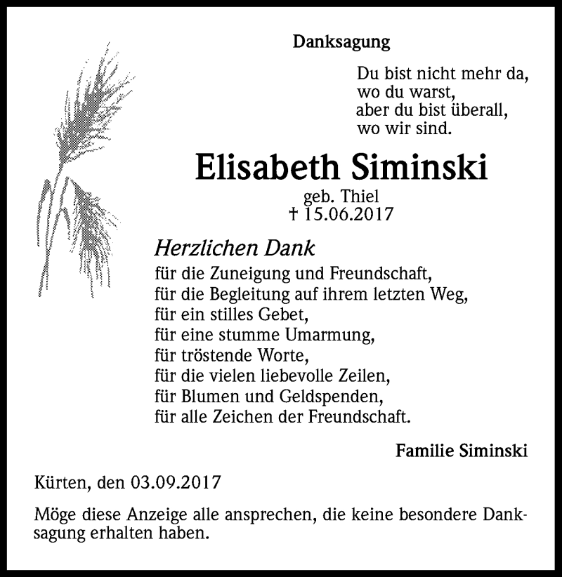  Traueranzeige für Elisabeth Siminski vom 06.09.2017 aus Kölner Stadt-Anzeiger / Kölnische Rundschau / Express
