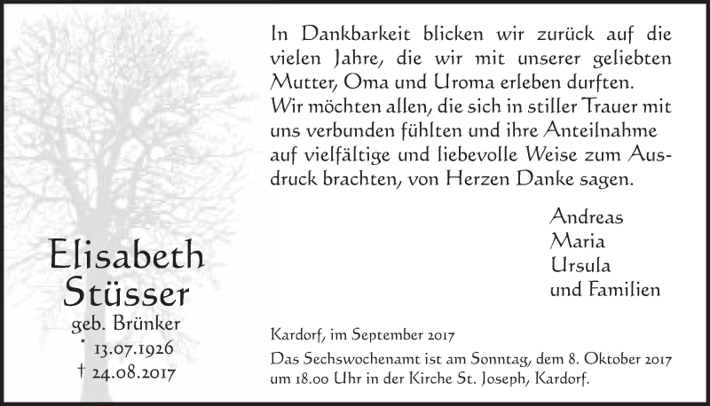  Traueranzeige für Elisabeth Stüsser vom 27.09.2017 aus  Schaufenster/Blickpunkt  Schlossbote/Werbekurier 