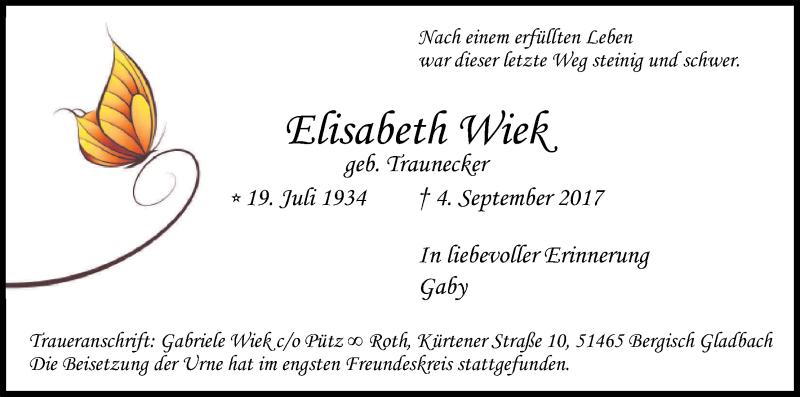  Traueranzeige für Elisabeth Wiek vom 16.09.2017 aus Kölner Stadt-Anzeiger / Kölnische Rundschau / Express