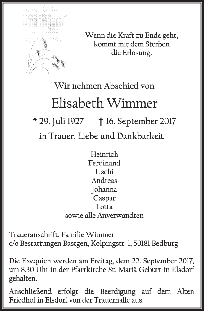  Traueranzeige für Elisabeth Wimmer vom 20.09.2017 aus  Werbepost 