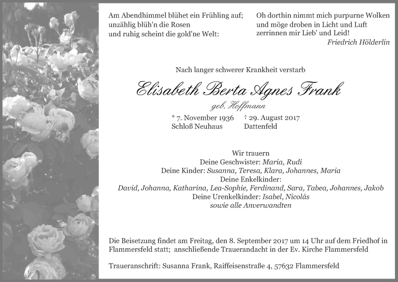  Traueranzeige für Elisabeth Berta Agnes Frank vom 02.09.2017 aus Kölner Stadt-Anzeiger / Kölnische Rundschau / Express