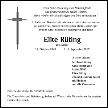 Anzeige von Elke Rüting von Kölner Stadt-Anzeiger / Kölnische Rundschau / Express