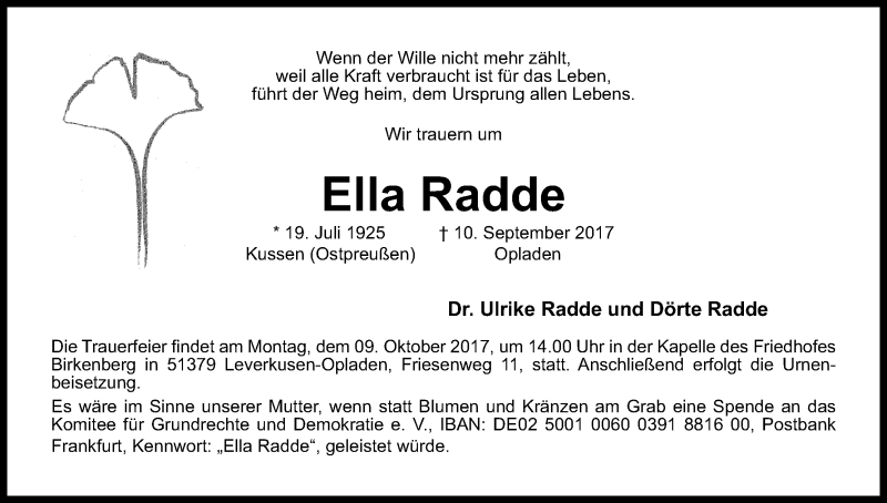  Traueranzeige für Ella Radde vom 23.09.2017 aus Kölner Stadt-Anzeiger / Kölnische Rundschau / Express