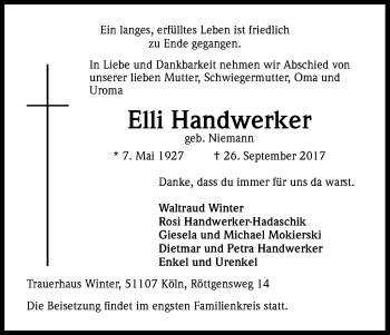 Anzeige von Elli Handwerker von Kölner Stadt-Anzeiger / Kölnische Rundschau / Express