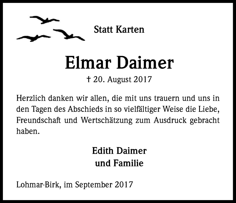  Traueranzeige für Elmar Daimer vom 16.09.2017 aus Kölner Stadt-Anzeiger / Kölnische Rundschau / Express