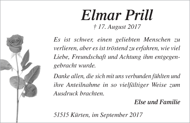  Traueranzeige für Elmar Prill vom 23.09.2017 aus  Bergisches Sonntagsblatt 
