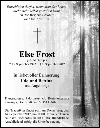 Anzeige von Else Frost von Kölner Stadt-Anzeiger / Kölnische Rundschau / Express