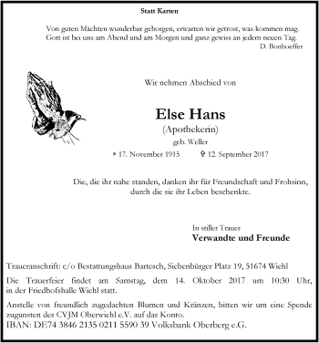 Anzeige von Else Hans von  Anzeigen Echo 