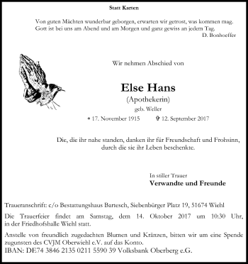 Anzeige von Else Hans von Kölner Stadt-Anzeiger / Kölnische Rundschau / Express