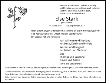 Anzeige von Else Stark von Kölner Stadt-Anzeiger / Kölnische Rundschau / Express