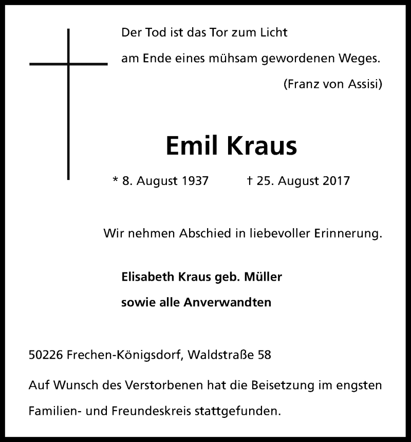  Traueranzeige für Emil Kraus vom 23.09.2017 aus Kölner Stadt-Anzeiger / Kölnische Rundschau / Express