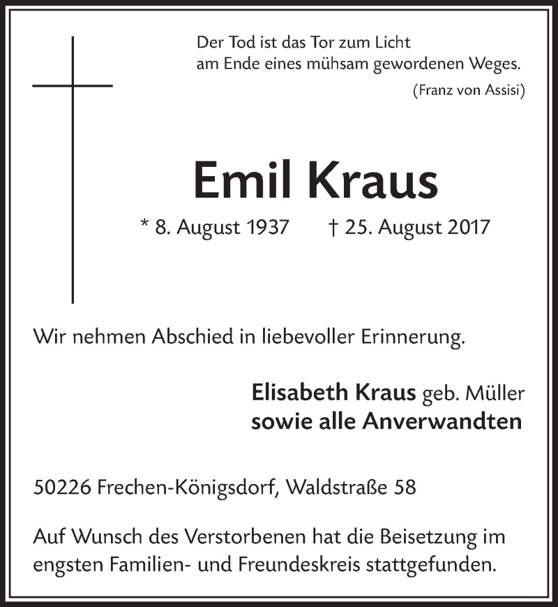  Traueranzeige für Emil Kraus vom 23.09.2017 aus  Sonntags-Post 