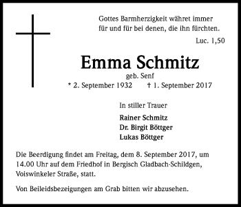 Anzeige von Emma Schmitz von Kölner Stadt-Anzeiger / Kölnische Rundschau / Express