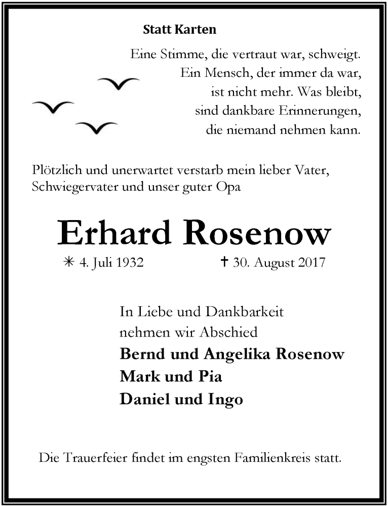  Traueranzeige für Erhard Rosenow vom 09.09.2017 aus  Leverkusener Wochenende 