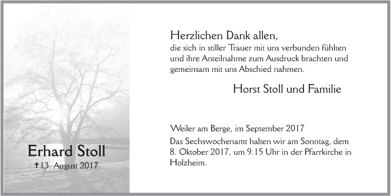  Traueranzeige für Erhard Stoll vom 30.09.2017 aus  Blickpunkt Euskirchen 