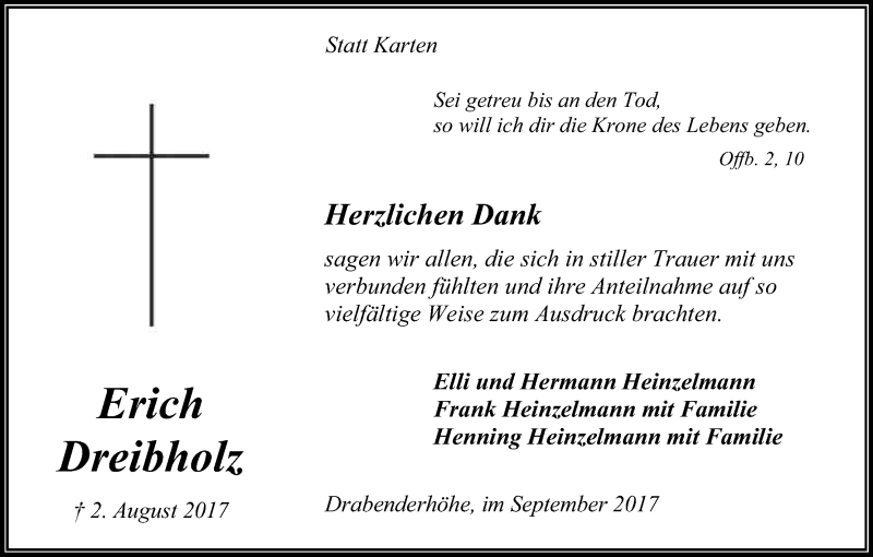  Traueranzeige für Erich Dreibholz vom 30.09.2017 aus Kölner Stadt-Anzeiger / Kölnische Rundschau / Express