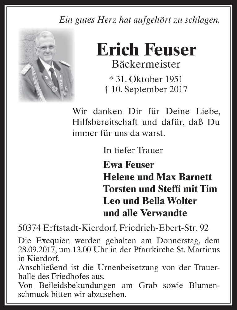  Traueranzeige für Erich Feuser vom 20.09.2017 aus  Werbepost 