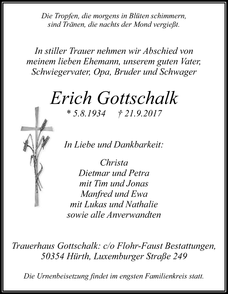  Traueranzeige für Erich Gottschalk vom 23.09.2017 aus Kölner Stadt-Anzeiger / Kölnische Rundschau / Express