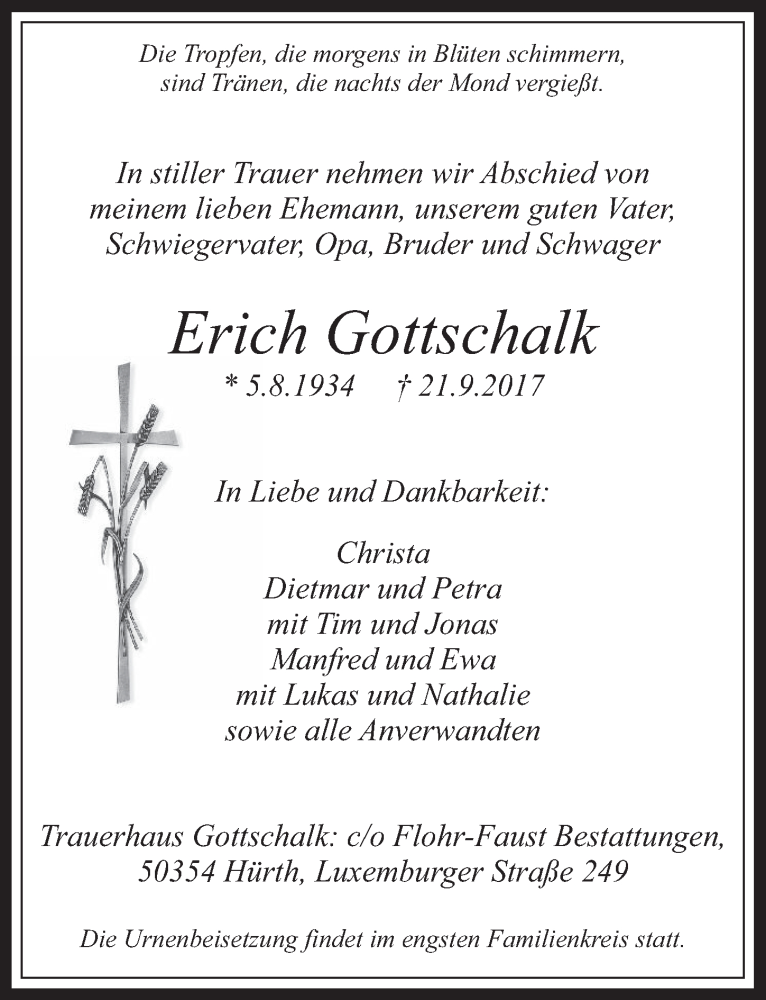  Traueranzeige für Erich Gottschalk vom 27.09.2017 aus  Wochenende 