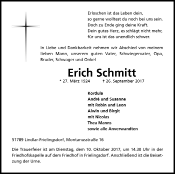 Anzeige von Erich Schmitt von Kölner Stadt-Anzeiger / Kölnische Rundschau / Express