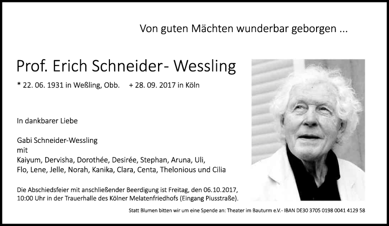  Traueranzeige für Erich Schneider-Wessling vom 30.09.2017 aus Kölner Stadt-Anzeiger / Kölnische Rundschau / Express