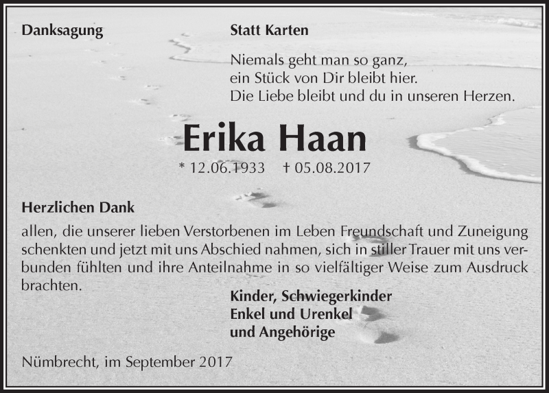  Traueranzeige für Erika Haan vom 13.09.2017 aus  Lokalanzeiger 