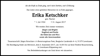 Anzeige von Erika Ketschker von Kölner Stadt-Anzeiger / Kölnische Rundschau / Express