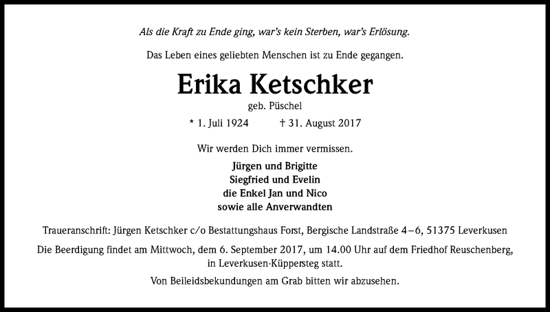  Traueranzeige für Erika Ketschker vom 04.09.2017 aus Kölner Stadt-Anzeiger / Kölnische Rundschau / Express