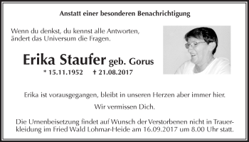Anzeige von Erika Staufer von  Lokalanzeiger 