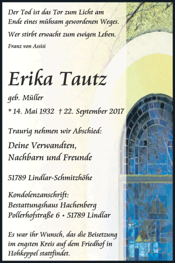 Anzeige von Erika Tautz von Kölner Stadt-Anzeiger / Kölnische Rundschau / Express