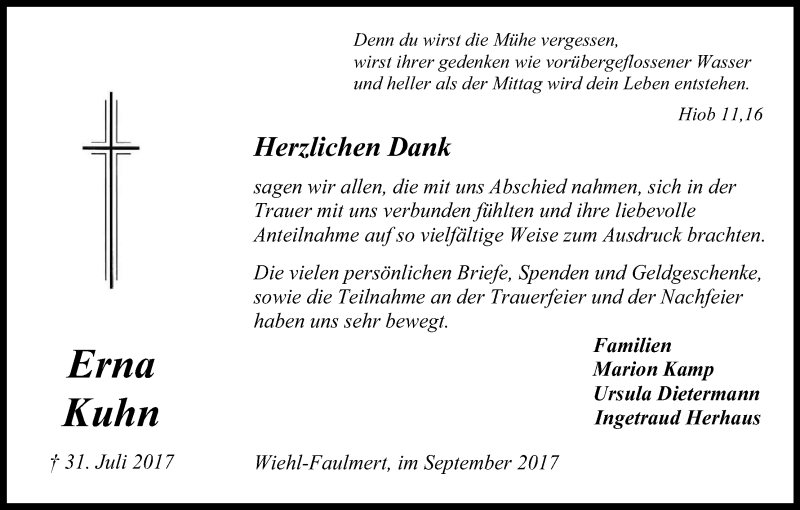  Traueranzeige für Erna Kuhn vom 16.09.2017 aus Kölner Stadt-Anzeiger / Kölnische Rundschau / Express