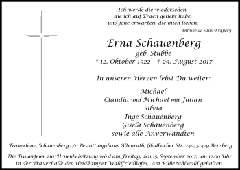 Anzeige von Erna Schauenberg von Kölner Stadt-Anzeiger / Kölnische Rundschau / Express