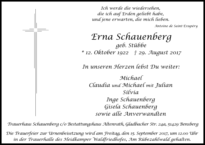  Traueranzeige für Erna Schauenberg vom 08.09.2017 aus Kölner Stadt-Anzeiger / Kölnische Rundschau / Express