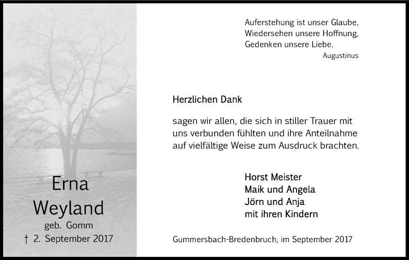  Traueranzeige für Erna Weyland vom 30.09.2017 aus Kölner Stadt-Anzeiger / Kölnische Rundschau / Express