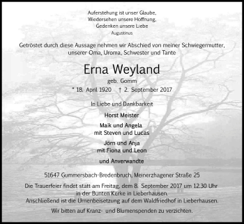 Anzeige von Erna Weyland von Kölner Stadt-Anzeiger / Kölnische Rundschau / Express