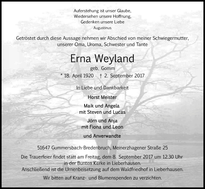 Traueranzeige für Erna Weyland vom 05.09.2017 aus Kölner Stadt-Anzeiger / Kölnische Rundschau / Express