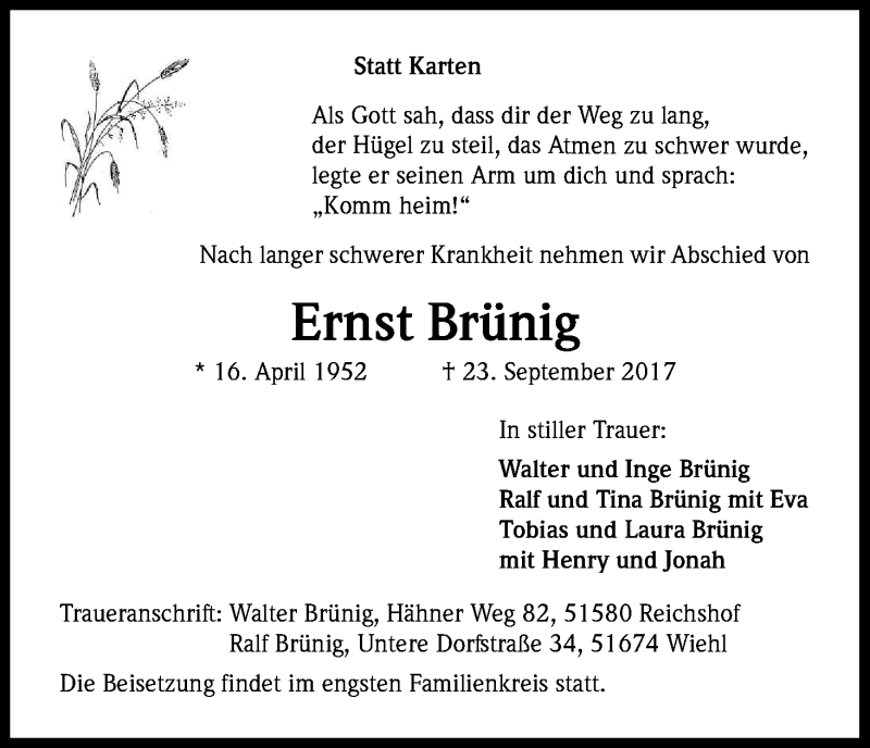  Traueranzeige für Ernst Brünig vom 30.09.2017 aus Kölner Stadt-Anzeiger / Kölnische Rundschau / Express